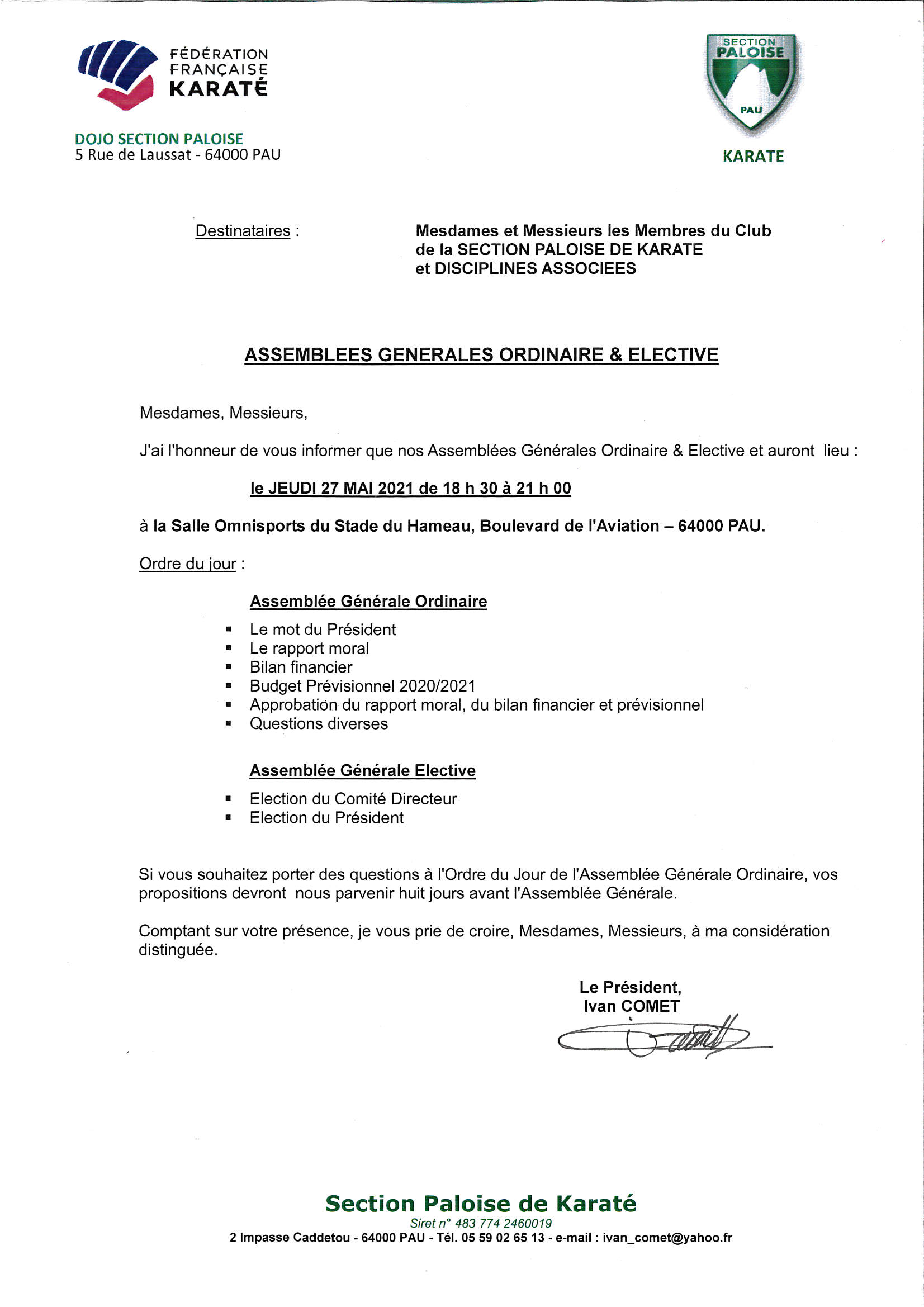 ASSEMBLEES GENERALES ORDINAIRE & ELECTIVE - JEUDI 27 MAI 2021 - 18 h 30