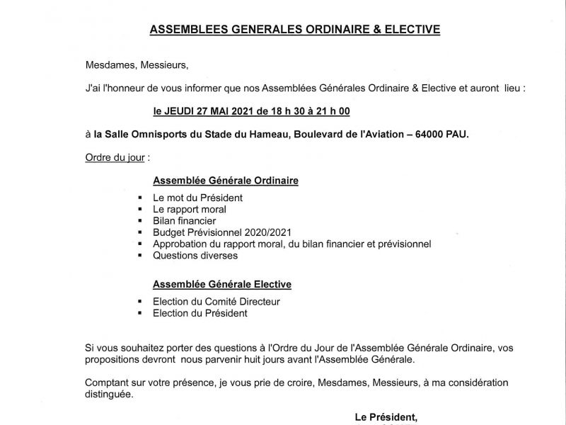 ASSEMBLEES GENERALES ORDINAIRE & ELECTIVE - JEUDI 27 MAI 2021 - 18 h 30