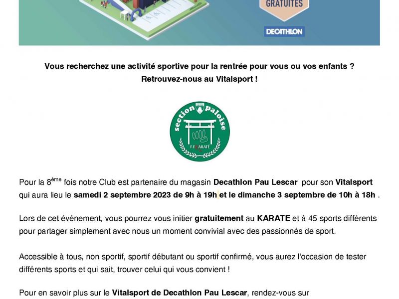 VITALSPORT - DECATHLON PAU LESCAR - Samedi 02 et Dimanche 03 Septembre 2023