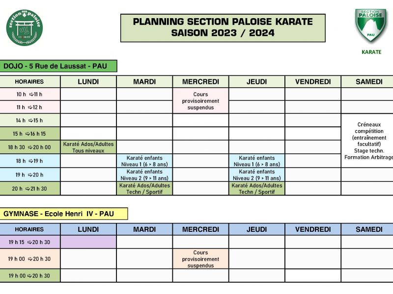 Planning des cours - Saison 2023 / 2024