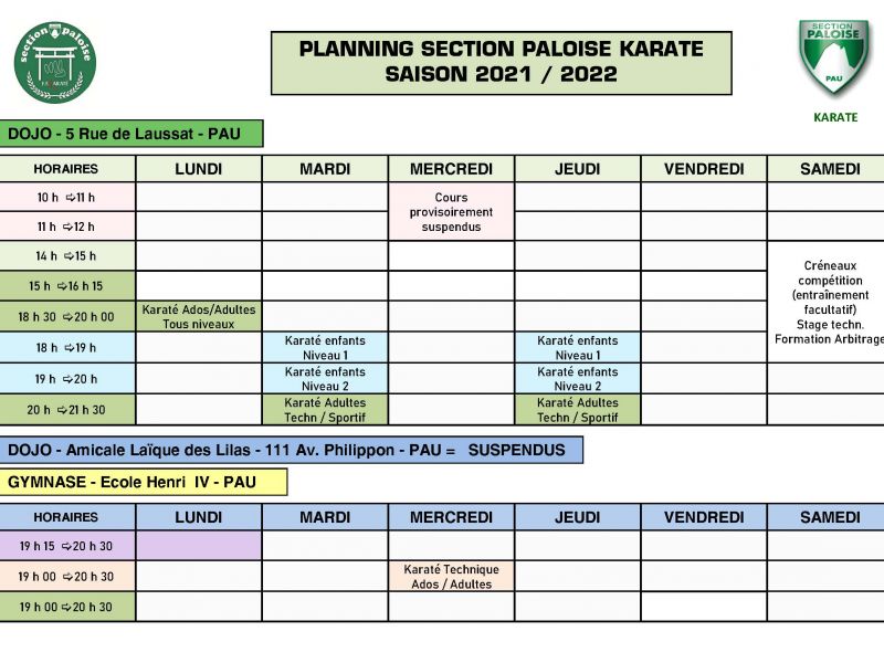 Planning des cours SAISON 2021 / 2022